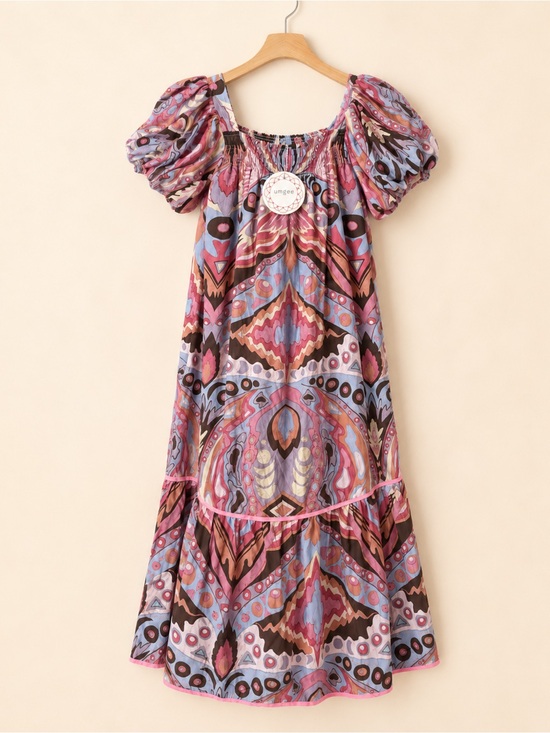 Umgee Dresses & Skirts - Umgee Boho Abstract Print Puff Sleeve Midi Dress Size Small NWT